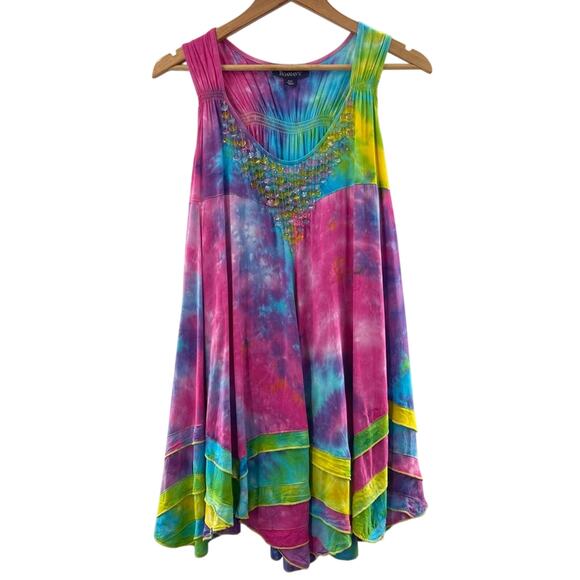 Roaman's Tops - Roaman’s Bright Breezy Smocked Racerback Tunic Embellished Neckline Size 16W